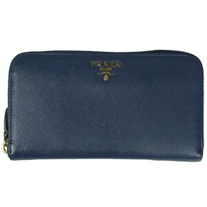 Prada Logo Round Zip Long Wallet Saffiano Leather Blue